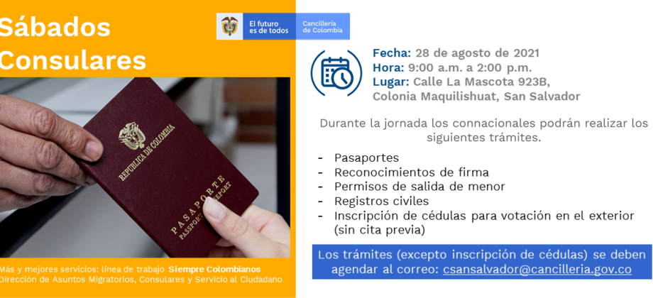 El Consulado de Colombia en San Salvador invita a la jornada de Sábado Consular que se realizará el 28 de agosto